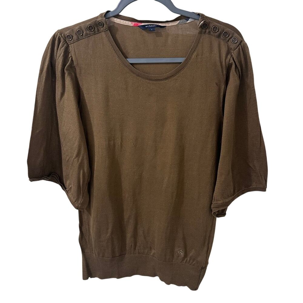 Burberry Blue Label Short Puff Sleeve Knit Top Olive Brown, size 1 (0)